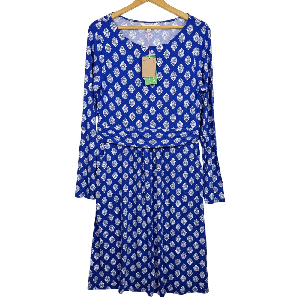 Boden Blue White Block Print Long Sleeve EcoVero Jersey Dress US 10R NEW